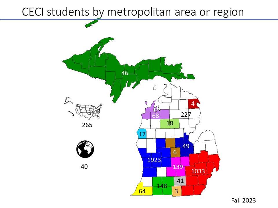 Number of CECI students by metropolitan area or region, Fall 2023. Data  is in table.